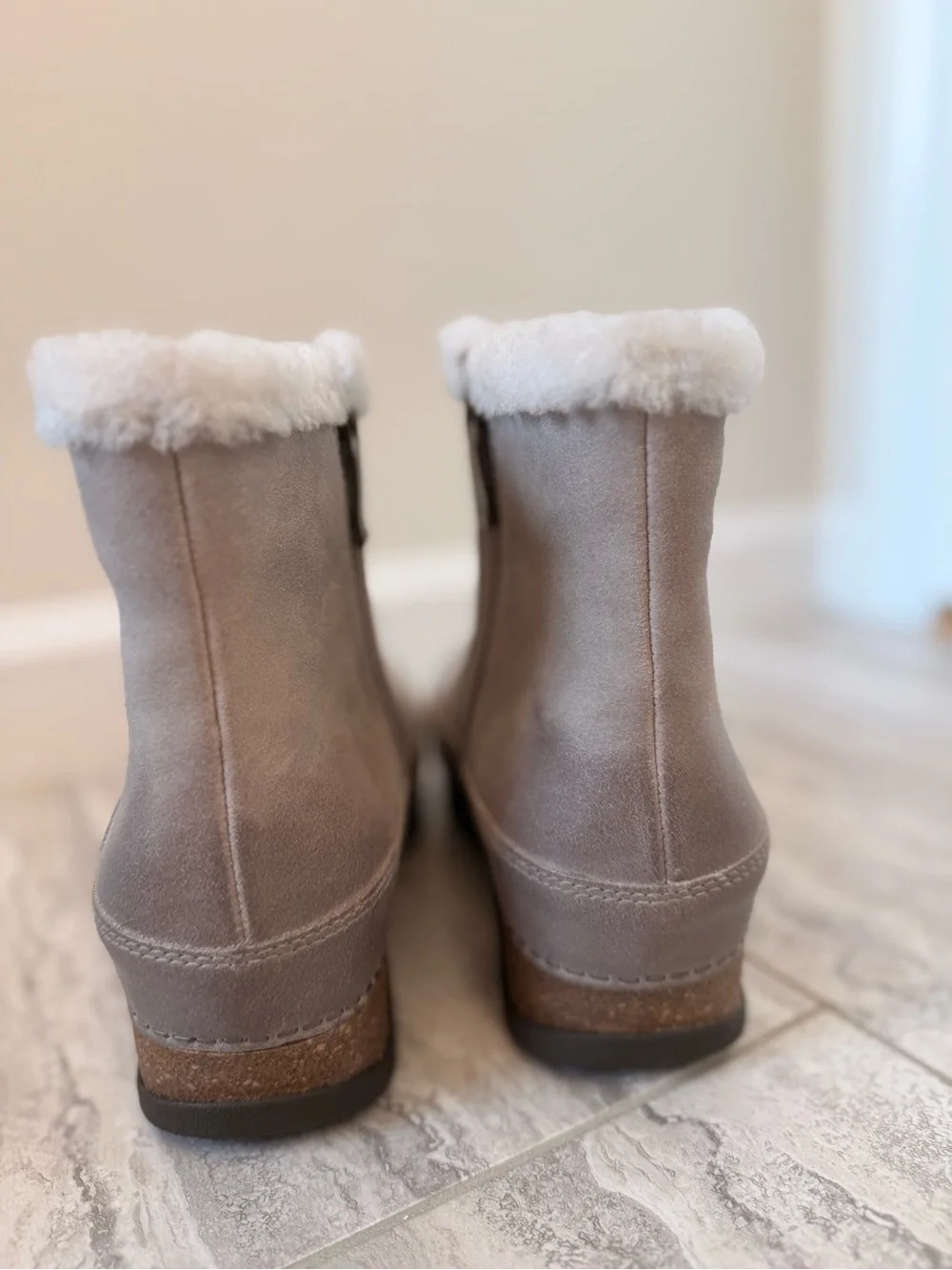 Women's Taupe Suede Shearling-Trim Ankle Boot